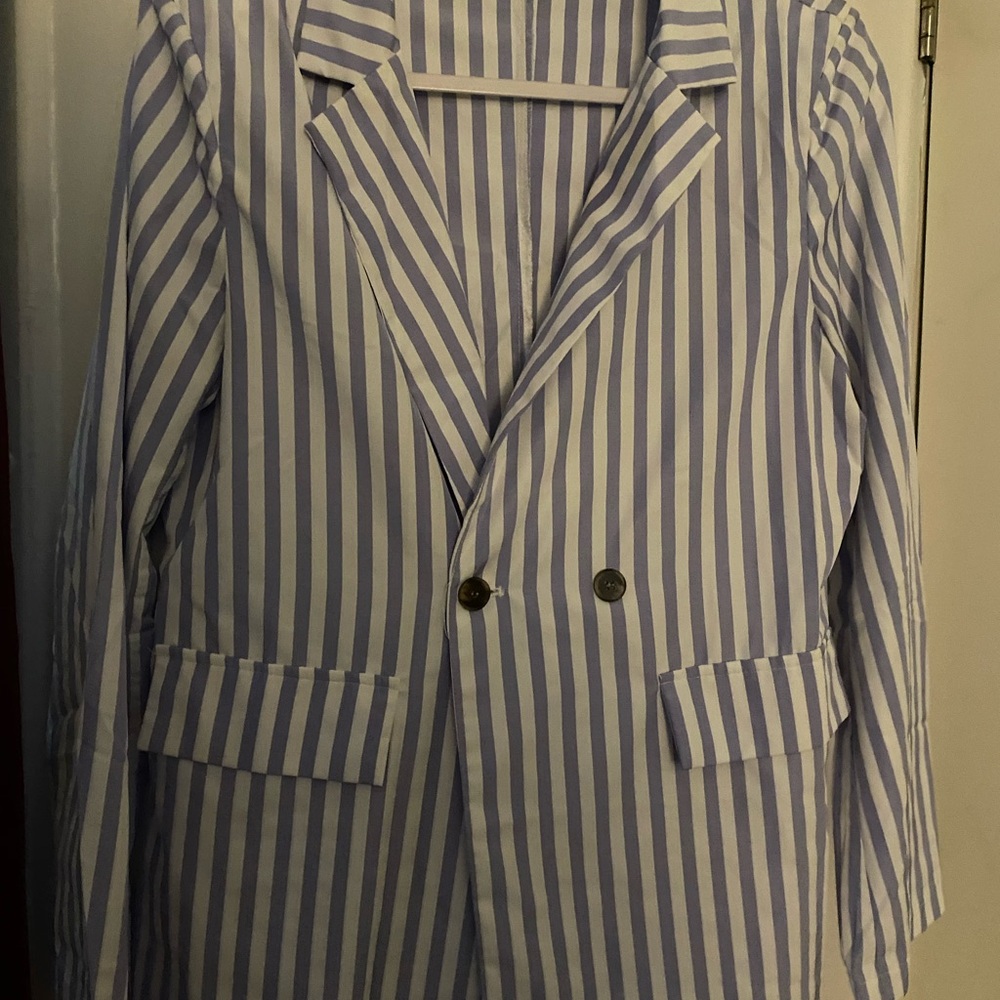 SHEIN Blue and White Striped Double-Breasted Blazer